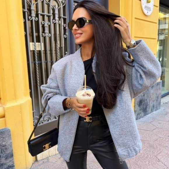 Zara Boucle Bomber Jacket Blogger Coat Size XS in Light Gray - Picture 4 of 16